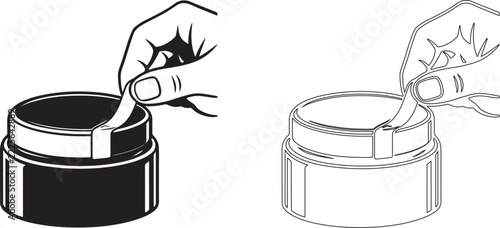 Hand Lifting Cosmetic Cream Jar Lid, Skincare Packaging Instruction Line Art Icon