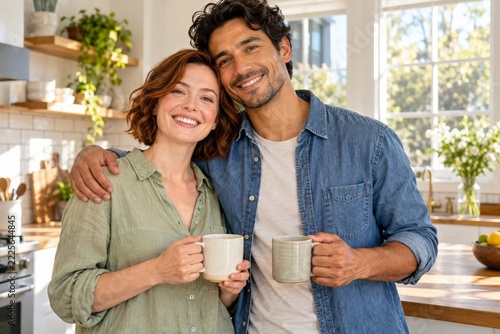 Smiling Couple Embrace with Ceramic Mugs in a Bright Sunlit Kitchen