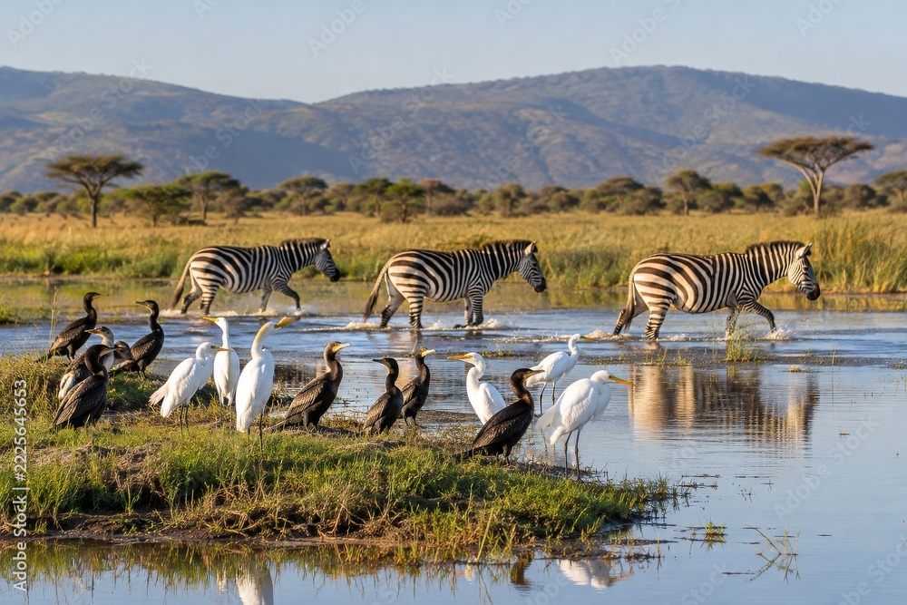 Naklejka premium Zebras crossing shallow savanna water behind black and white shore birds