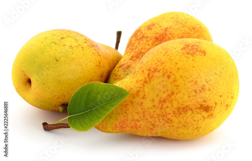 yellow pears Pyrus communis fruit with leaf isolated on white background