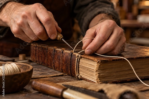 Bookbinder Hands Repairing a Leather Book Spine