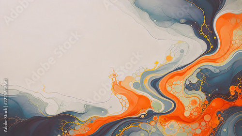 Flowing Petrol Blue and Persimmon Pigment — Contemporary Abstract Liquid Background