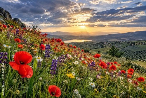Red poppies and colorful wildflowers covering a hillside beneath clouds