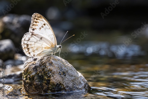 White butterfly resting on an upright rock beside gently rippled water