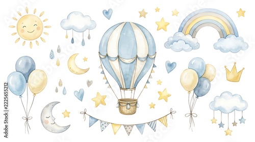 Clouds and stars surround a central hot air balloon illustration.