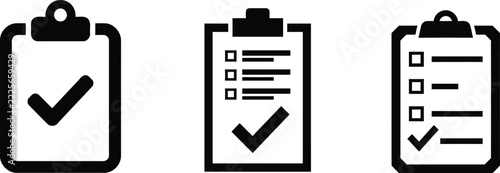 Task Management Clipboard Vector Icons Set Representing Completed Reports, Compliance, and Execution