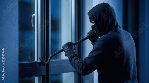 Thief breaks window with crowbar to enter house at night