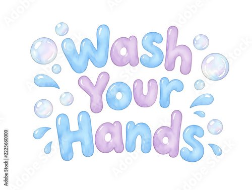 Wash Your Hands lettering, watercolor hygiene text clipart for kids, transparent background PNG