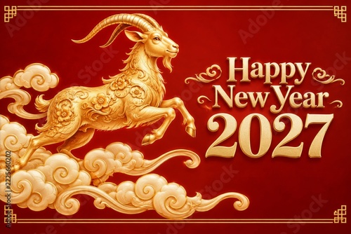 Golden ornamental goat above curled clouds and cream 2027 lettering