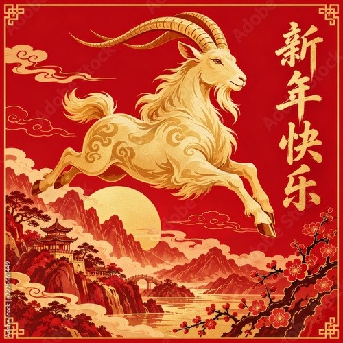 Golden long horned goat leaping across a red festive calligraphy poster