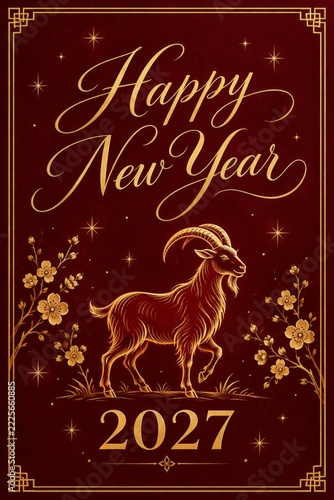 Tall burgundy New Year card with golden borders and an outlined goat