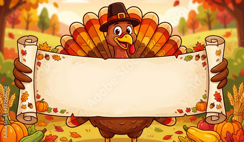 Cartoon turkey holding banner with blank space for custom text holiday message