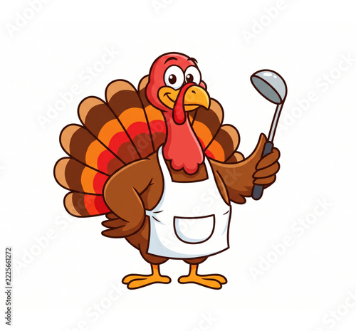 Cartoon turkey wearing cooking apron and holding ladle isolated on white