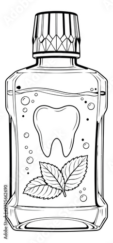 Outline illustration of mouthwash bottle depicting dental hygiene with tooth and mint leaves for oral care design