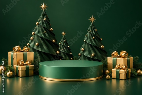Dark green Christmas trees behind a round podium with gold ribboned gifts