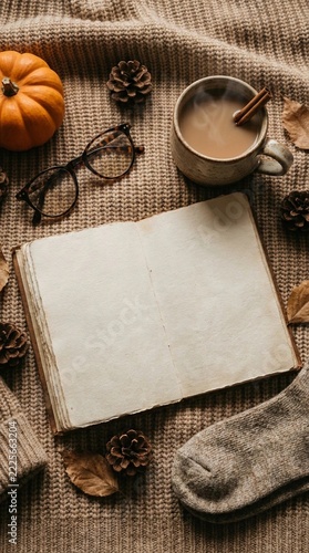  Autumn, an open notebook with blank pages, a ceramic mug of steaming chai tea with a cinnamon stick, a pair of reading glasses, small orange pumpkin and pinecones 