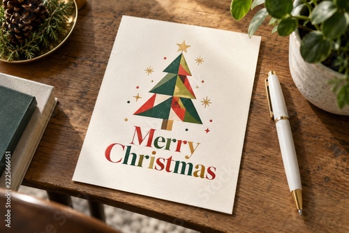 Christmas flyer mockup beside a white pen and potted plant on a desk