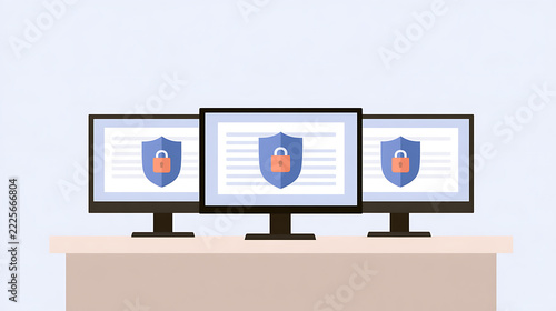 Digital security concept with computer monitors showing secure shield and lock icons on desktop representing data protection and cyber defense