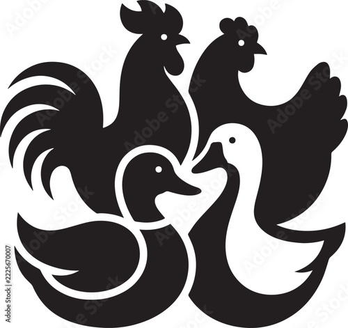 Farm Animal Silhouette Vector Set featuring rooster hen and ducks for