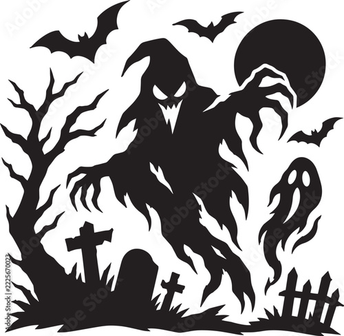 Halloween ghost silhouette vector featuring bats moon and graveyard