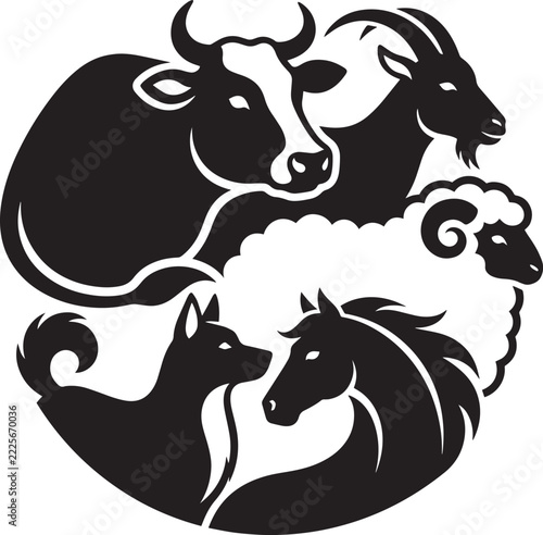Farm Animal Silhouette Logo Set featuring cow goat sheep dog and