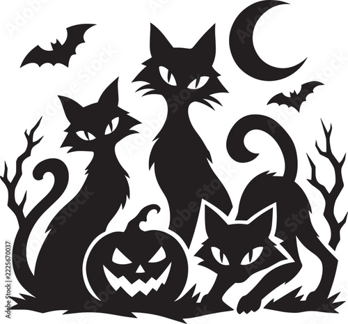 Halloween Black Cat Silhouette Vector Set with Pumpkin Moon and Bats
