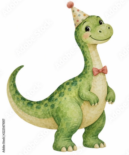 Green Watercolor Dinosaur with Spotted Beige Birthday Hat and Pink Bow Tie