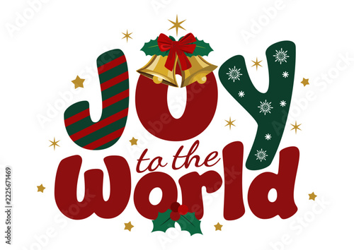 Decorative Joy to the World Christmas lettering with golden Christmas bells, holly berries, and snowflakes. Ideal for Christmas cards, holiday invitations, stickers, and seasonal merchandise.