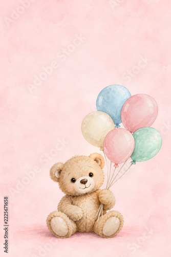 Watercolor Teddy Bear Holding Pastel Balloons on Pale Pink Card Background
