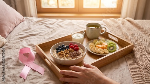 Healthy breakfast served on a wooden tray in bed with fresh berries, oatmeal, eggs, and coffee beside a pink breast cancer awareness ribbon.