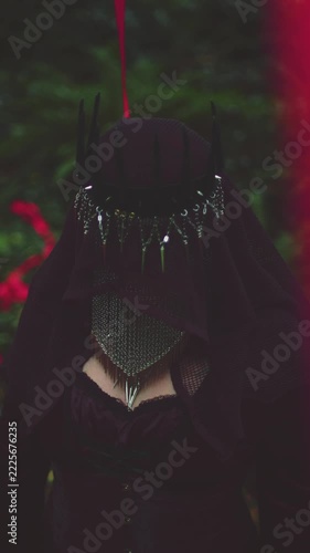 4k Mysterious Lady with Crown and Red Ribbons, Halloween Creepy Creature