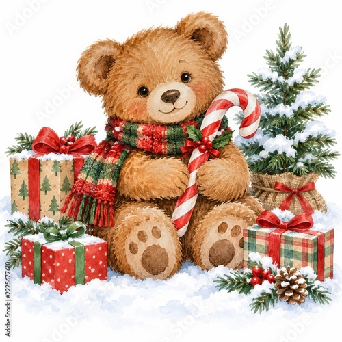 Watercolor bear in festive scarf with candy cane gifts and snowy tree