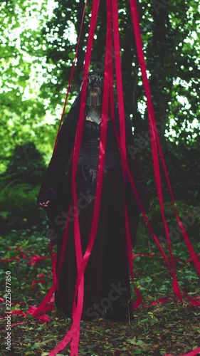 4k Mysterious Lady with Crown and Red Ribbons, Halloween Creepy Creature