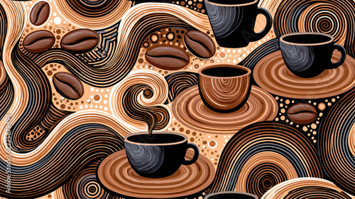 A seamless pattern featuring vibrant cups, wisps of steam, and coffee beans, rendered in the traditional ethnic style wave motifs