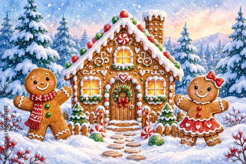 Watercolor gingerbread village with festive characters and snowy fir trees