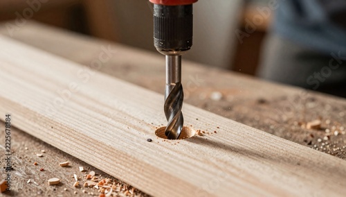 Close-up of a drill bit boring a hole into a wooden plank with sawdust flying