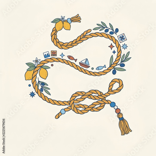 Amalfi Coast style braided cord with lemons, leaves, and sea symbols on a cream background