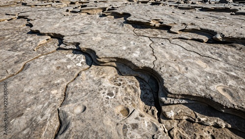 Dry cracked mudflats show intricate patterns and textures under harsh sunlight
