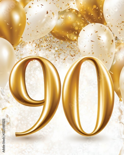 90th birthday celebration card with gold and ivory balloons and confetti