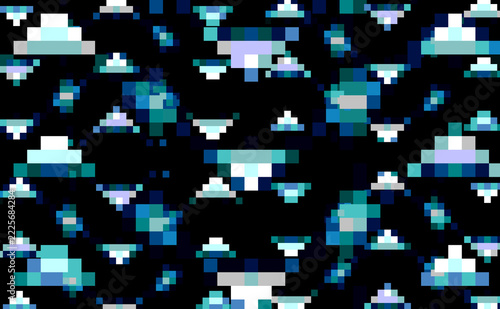 正方形等のピクセルで作った形の昔のゲームで使っていたようなグラフィック素材を意識した模様を散りばめた幾何学的な要素もあるデザインのイラストの壁紙