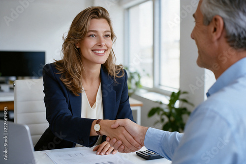Smiling financial advisor shaking hands with client across desk
