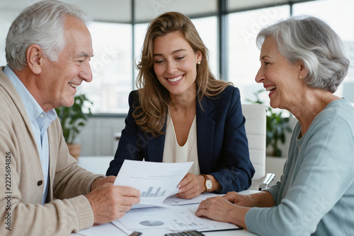 Smiling senior couple discussing pension plan with advisor