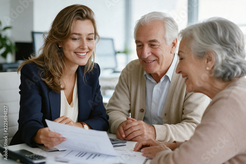 Advisor showing retirement savings document to elderly couple