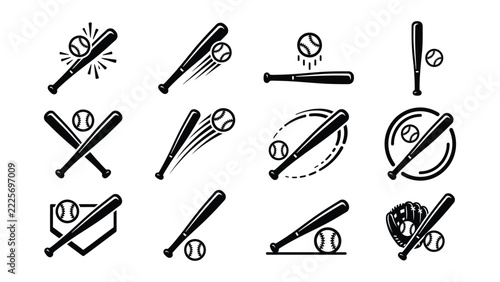 Baseball Action Icons Showing Various Batting Techniques And Positions