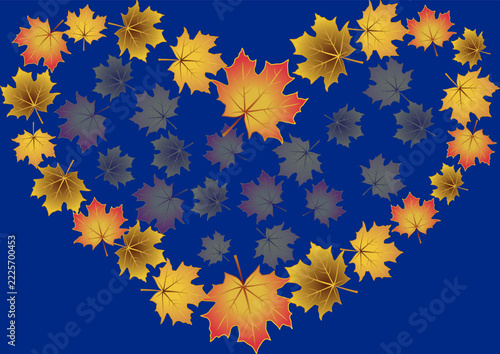 Autumn heart shape pattern with maple leaves on a dark blue background