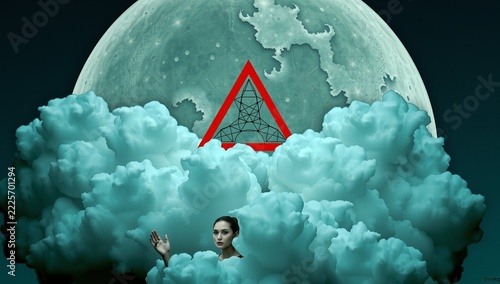 Mystical Woman Emerging from Clouds with Moon and Warning Symbol