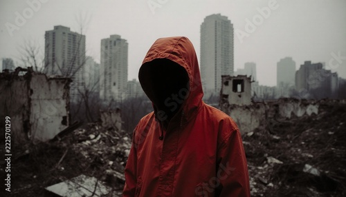 Mysterious Hooded Figure in Post-Apocalyptic Urban Ruins