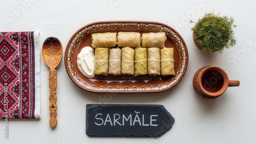 Traditional Moldovan Sarmale beef stuffed cabbage rolls with sour cream on a rustic ceramic platter, minimalist flat lay food photography with embroidered cloth