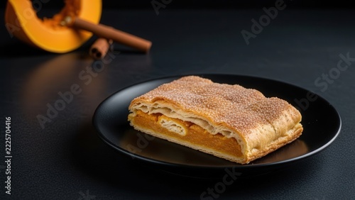 Traditional Placinta cu Dovleac flaky pumpkin strudel pastry dusted with cinnamon sugar on a black ceramic plate, moody fine dining food photography