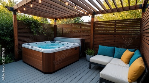 Modern backyard spa area with wooden pergola, hot tub on grey deck. Luxury outdoor lounge with teal, yellow pillows. Private garden retreat features wooden privacy fence, string lights, green plants